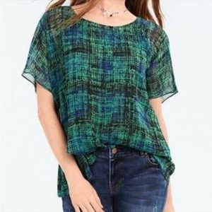Cabi Paradox Asymmetrical Plaid Chiffon Geometric Print Short Sleeve Blouse L